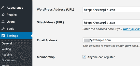 Dirección del sitio de WordPress 