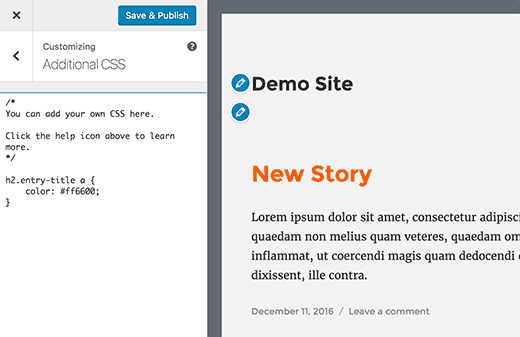 Código CSS personalizado y vista previa 