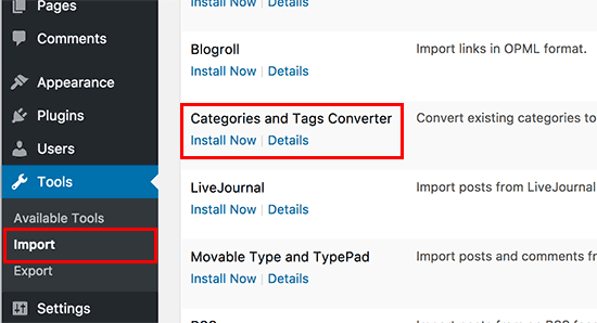 Instalar categorías y etiquetas de convertidor en WordPress 