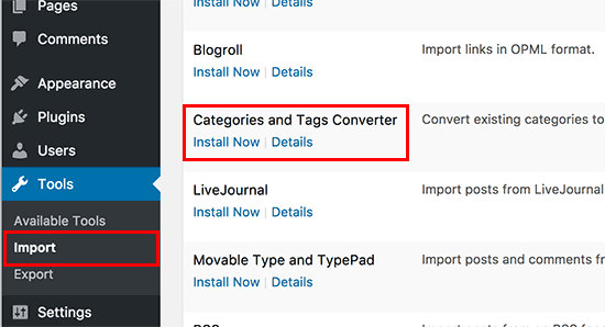 Instalar categorías y etiquetas de convertidor en WordPress Instalar categorías y etiquetas de convertidor en WordPress
