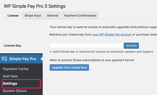 Configuración de WP Simple Pay 