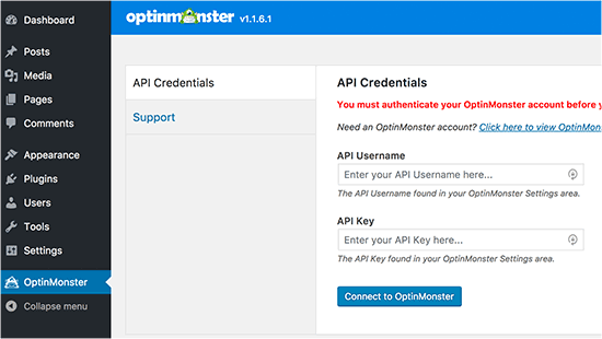 Ingrese su clave de API de OptinMonster 