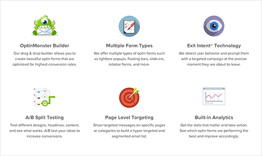 Ejemplo de cuadros de características en la página de inicio de un sitio web con WordPress 