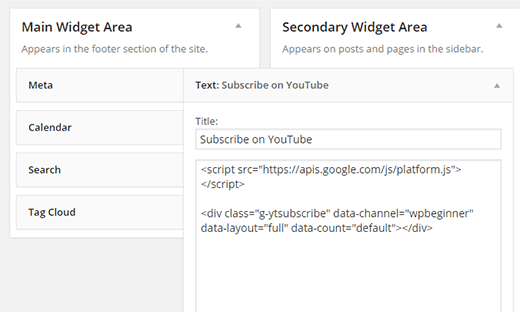 Código de botón de suscripción de YouTube pegado en un widget de texto 