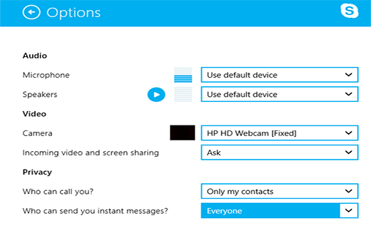 Opciones de Skype en Windows 8 