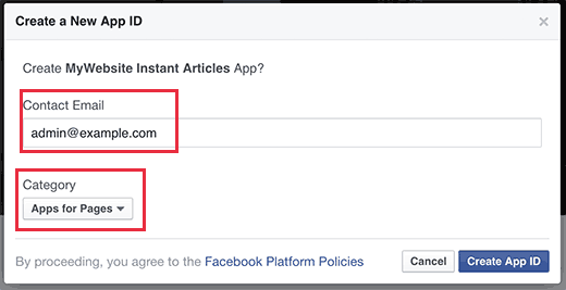 Proporcione un correo electrónico y elija una categoría para la aplicación Proporcione un correo electrónico y elija una categoría para la aplicación