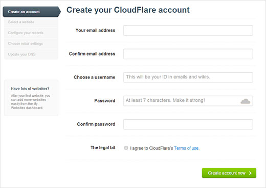 Formulario de registro de CloudFlare 