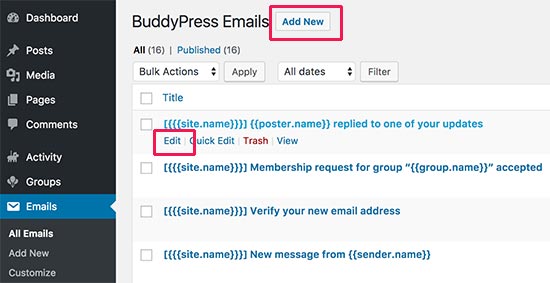 Edite las notificaciones por correo electrónico en BuddyPress 