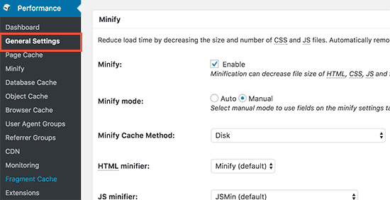 W3 Total Cache enable minify 