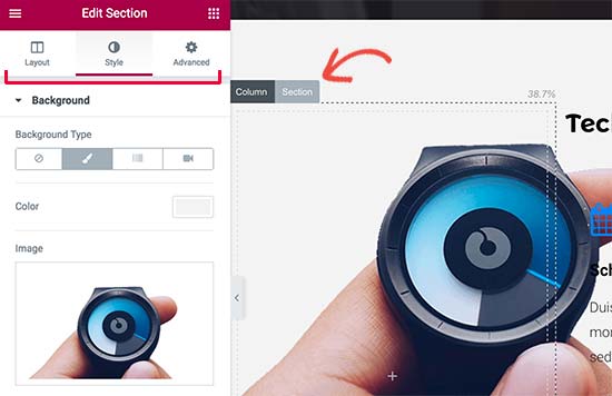 Editar secciones y columnas en Elementor 