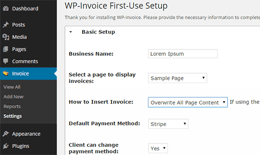 Configurando la configuración de WP-Invoice 
