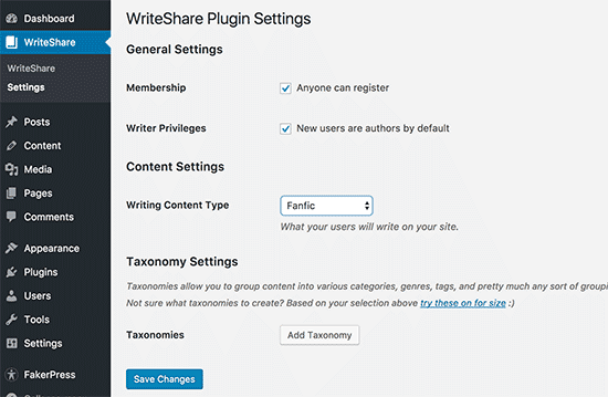 Página de configuración de WriteShare 