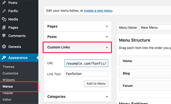 Añadir fanfiction a los menús de navegación en WordPress 