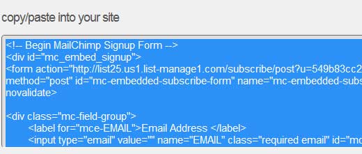 Código incrustado de formulario MailChimp 
