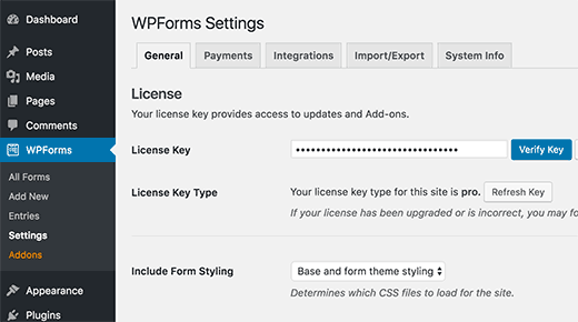 Agregue su clave de licencia WPForms 