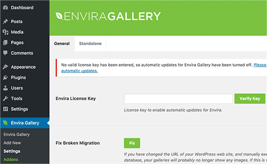 Añadir la clave de licencia de Envira Gallery 