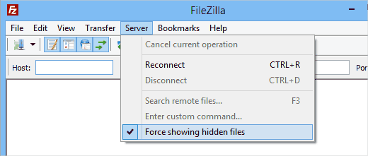 Fuerza mostrando archivos ocultos en el cliente Filezilla FTP 
