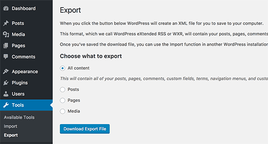 Descargue el archivo de exportación de WordPress 