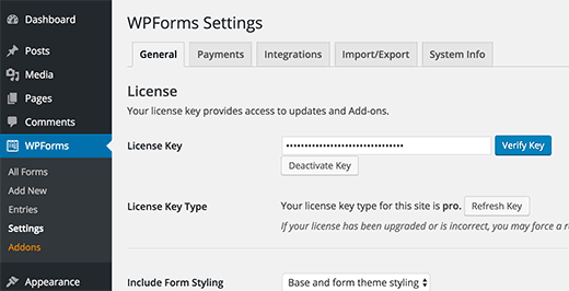 Verificar la licencia de WPForms 