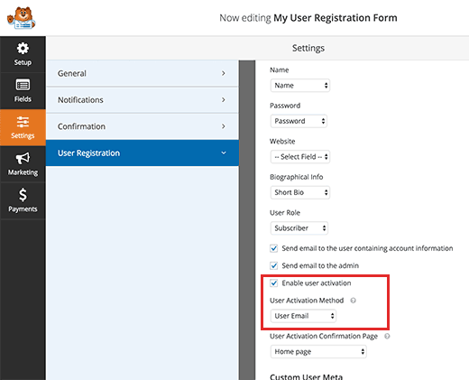 Configuración de activación del usuario 