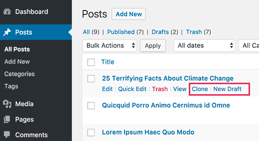 Clone publicar o crear un nuevo borrador 