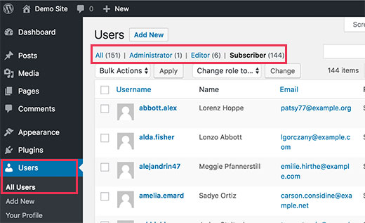Página de usuarios en WordPress 