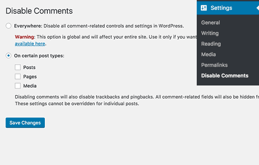 Página de configuración para el plugin Disable Comments 