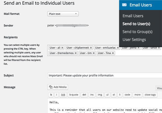 Envío de correos electrónicos a usuarios individuales o a todos los usuarios de su sitio 