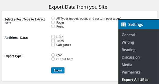 Exportar la página de configuración de todas las URL 