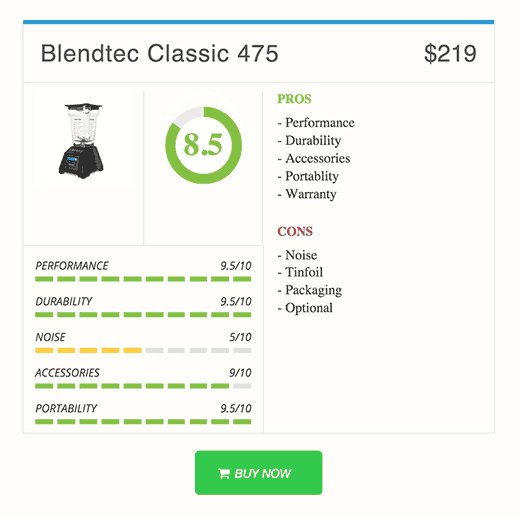 Cuadro de revisión del producto que se muestra en la publicación de revisión de WordPress Cuadro de revisión del producto que se muestra en la publicación de revisión de WordPress