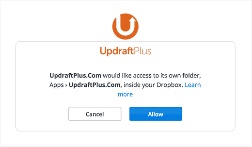 Permitir que UpdraftPlus tenga acceso a Dropbox 