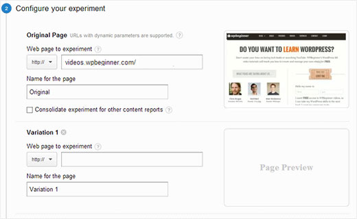 Agregar variaciones de página en los experimentos de contenido de Google Analytics para las pruebas A / B 
