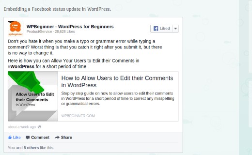 Incrustar una publicación de estado de Facebook en WordPress usando el complemento de Facebook 