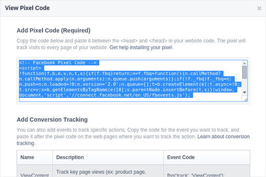 Copie el código de Facebook Pixel 