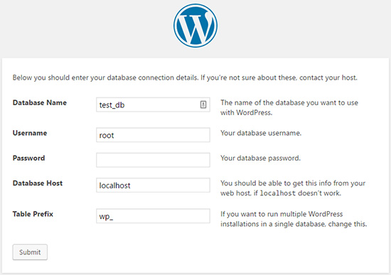 configurando la base de datos de WordPress 