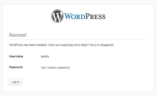 Mensaje de éxito de instalación de WordPress 