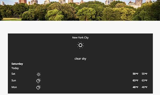 Previsión meteorológica mostrada en un sitio web de WordPress 