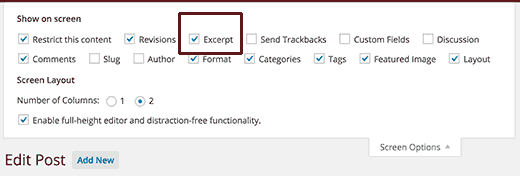 Habilitación de un cuadro de meta de extractos en la pantalla de edición de publicaciones en WordPress 