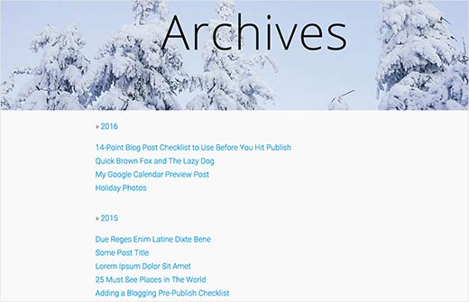 Archivos anuales colapsables que muestran todas las publicaciones en WordPress 