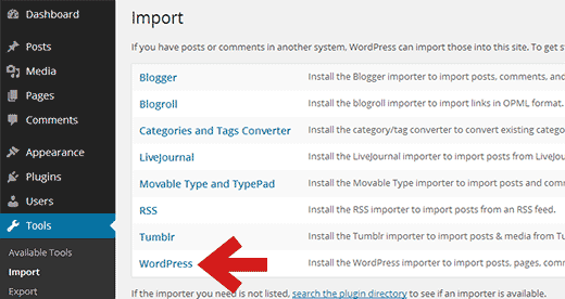 Haga clic en WordPress para instalar el importador de WordPress 