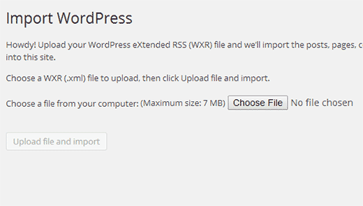 Archivo de exportación de WordPress cargado que descargó anteriormente 