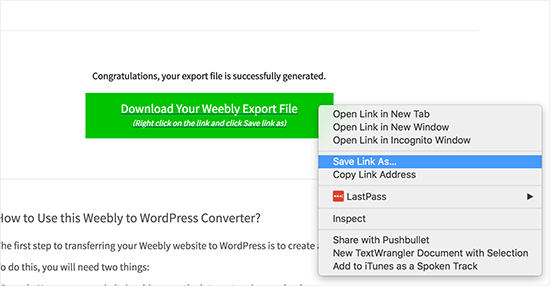 Descargue su archivo de exportación Weebly 