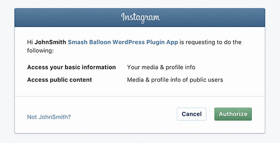 Autorizar el complemento para acceder a los datos de Instagram 