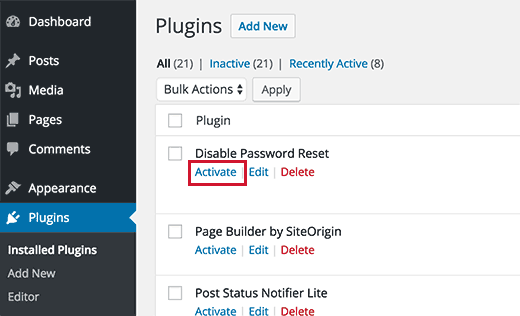 Activar el plugin Disable Disable Reset 