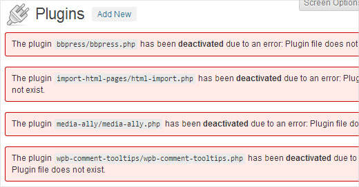 Complementos desactivados en WordPress 