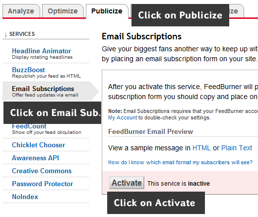 Activar suscripción de correo electrónico en FeedBurner 
