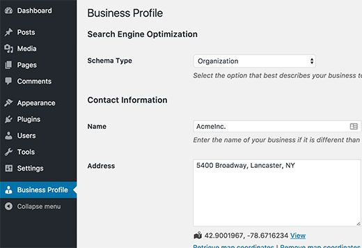Página de configuración del perfil de negocios 